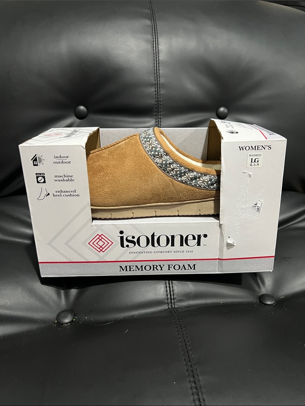 isotoner Women's Camel Suede Slip-On Slippers with Floral Trim